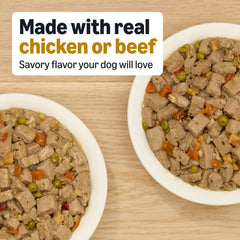 Amazon Basics wet dog food chicken stew with vegetables and rice in 12.5oz cans for balanced meals.