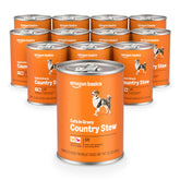 Amazon Basics wet dog food country stew cans showing real chicken and beef protein