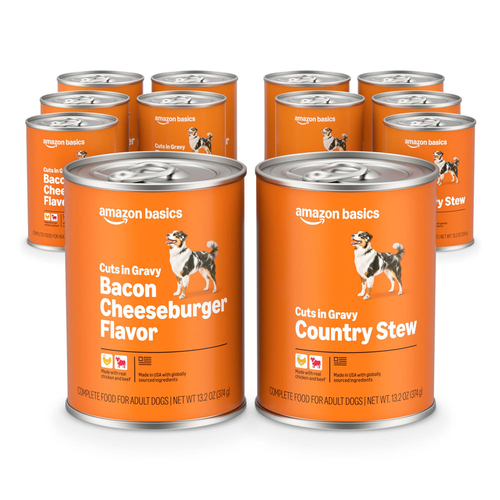 Amazon Basics bacon cheeseburger flavor wet dog food can front for varied meals