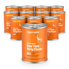 Amazon Basics wet dog food can label shows New York Strip flavor for a tasty meal.