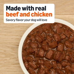 Close-up of real chicken and beef on Amazon Basics can.