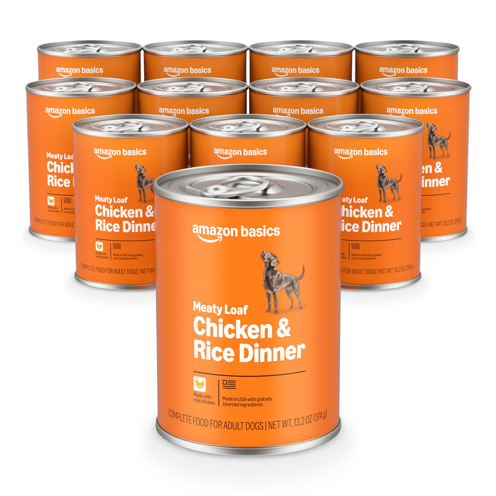 Amazon Basics wet dog food can with meaty loaf and chicken for daily meals