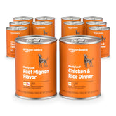 Amazon Basics wet dog food variety pack can front, offering complete meal options for adult dogs.