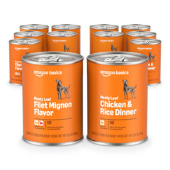 Amazon Basics wet dog food variety pack can front, offering complete meal options for adult dogs.