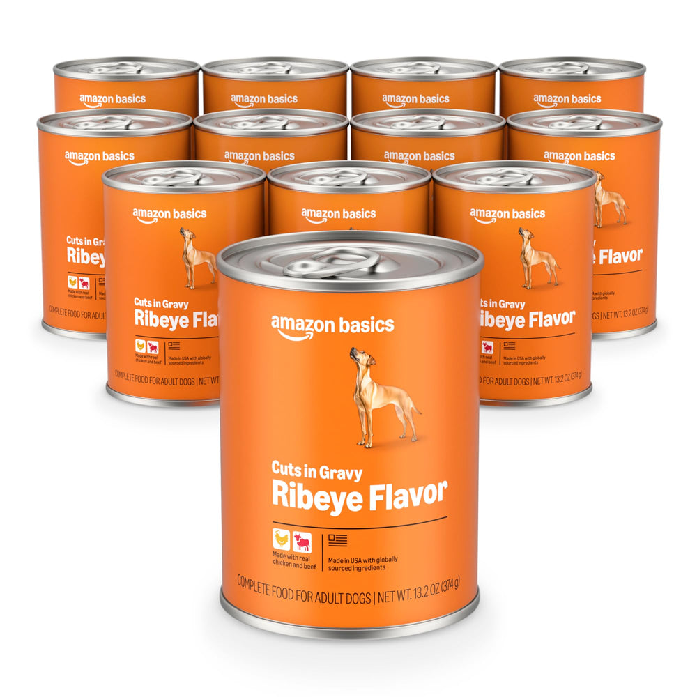 Amazon Basics wet dog food ribeye chicken cuts in gravy can shows meaty chunks for adult dogs