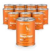 Amazon Basics wet dog food ribeye chicken cuts in gravy can shows meaty chunks for adult dogs