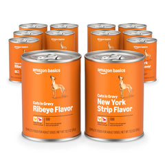 Amazon Basics wet dog food ribeye pack can ready for convenient meals