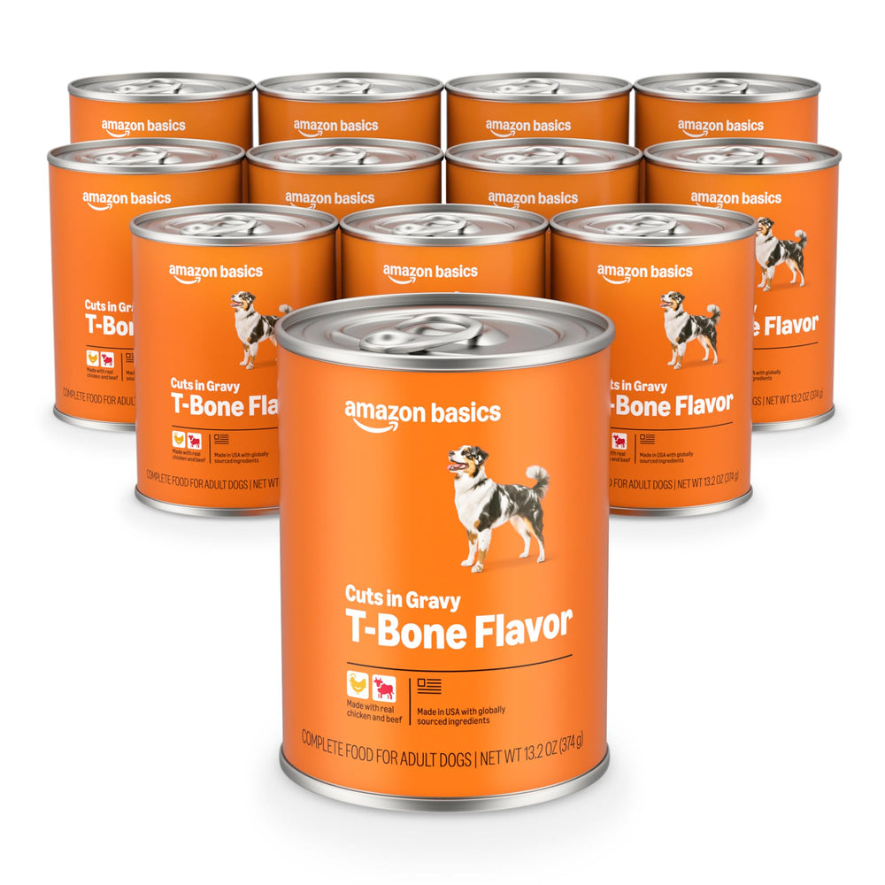 Amazon Basics wet dog food tbone front can showing real chicken and beef for nutrition