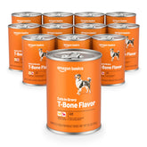 Amazon Basics wet dog food tbone front can showing real chicken and beef for nutrition