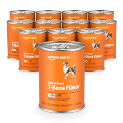 Amazon Basics wet dog food tbone front can showing real chicken and beef for nutrition