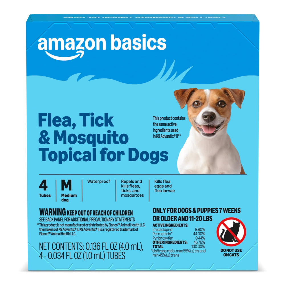 Amazon Basics medium dog topical 4ct packaging for reliable flea and tick protection.