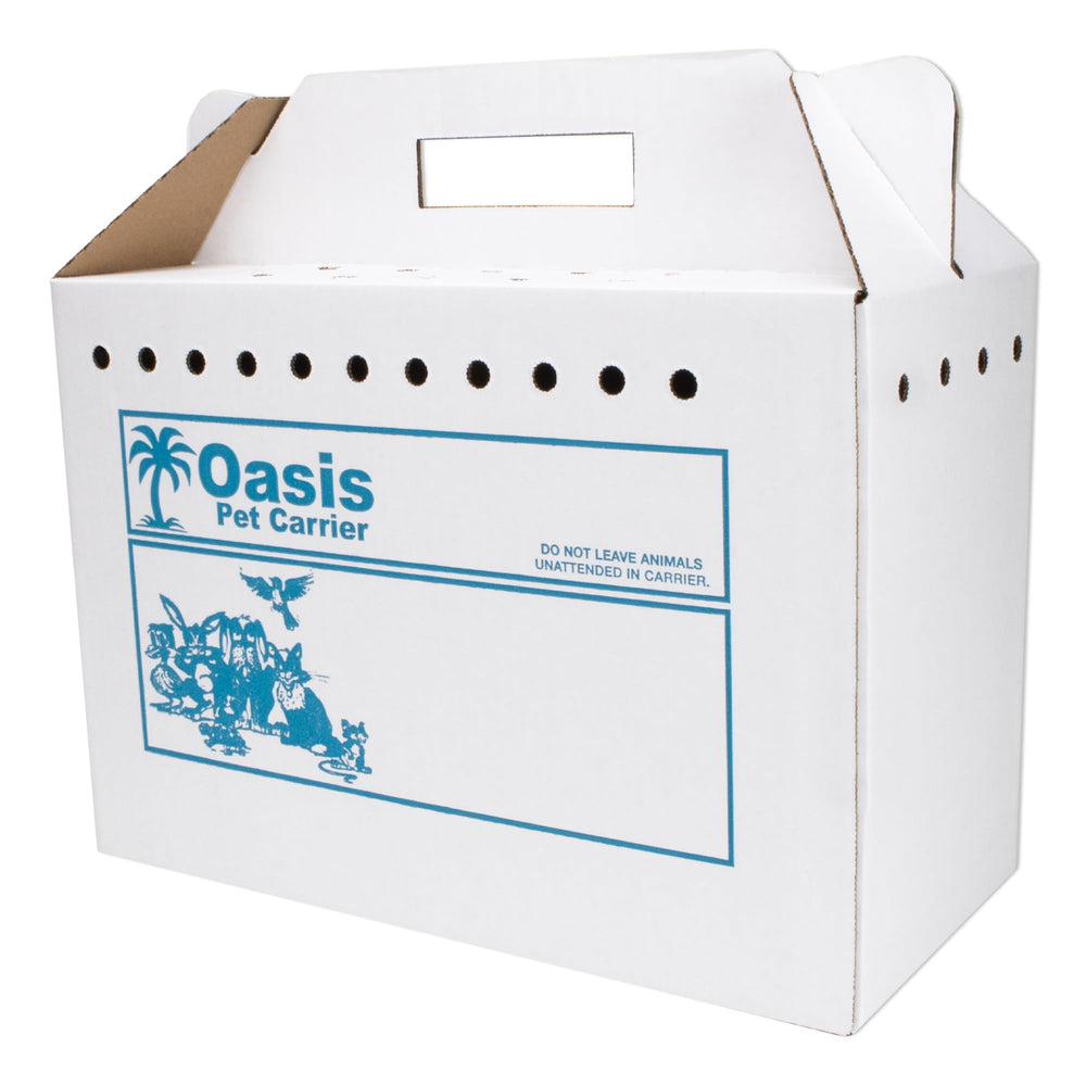 American Health Service disposable cardboard pet carrier flat-packed for quick storage.