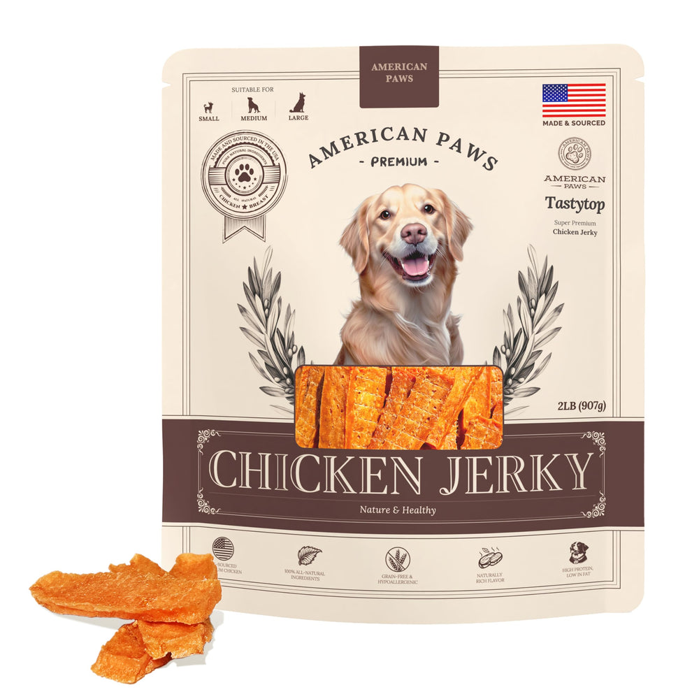 American Paws Chicken Breast Jerky bag closeup, premium single-protein treat with enticing aroma for training rewards