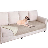 Ameritex waterproof dog bed cover on sofa protecting furniture from spills.