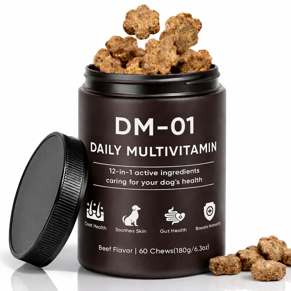 AMOQUCT DM-01 dog multivitamin bottle with skin and coat support.
