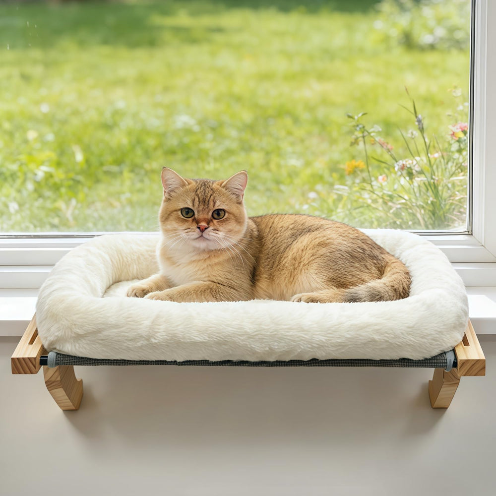 AMOSIJOY cat sill window perch with cushion bed cover provides cozy warmth for naps.