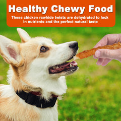 Amzey chicken rawhide twists close-up with natural chicken coating.