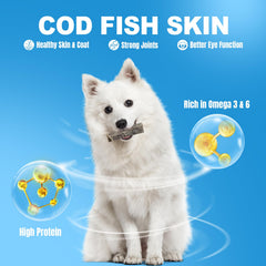 Amzey Cod Skin Dog Treats sealed bags on shelf for easy portioning.