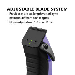 Andis titanium-coated blade close-up showing 1.2-2mm versatility for precise trimming