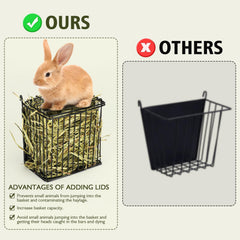Andounier metal-frame hay rack mounted on a cage for stability.