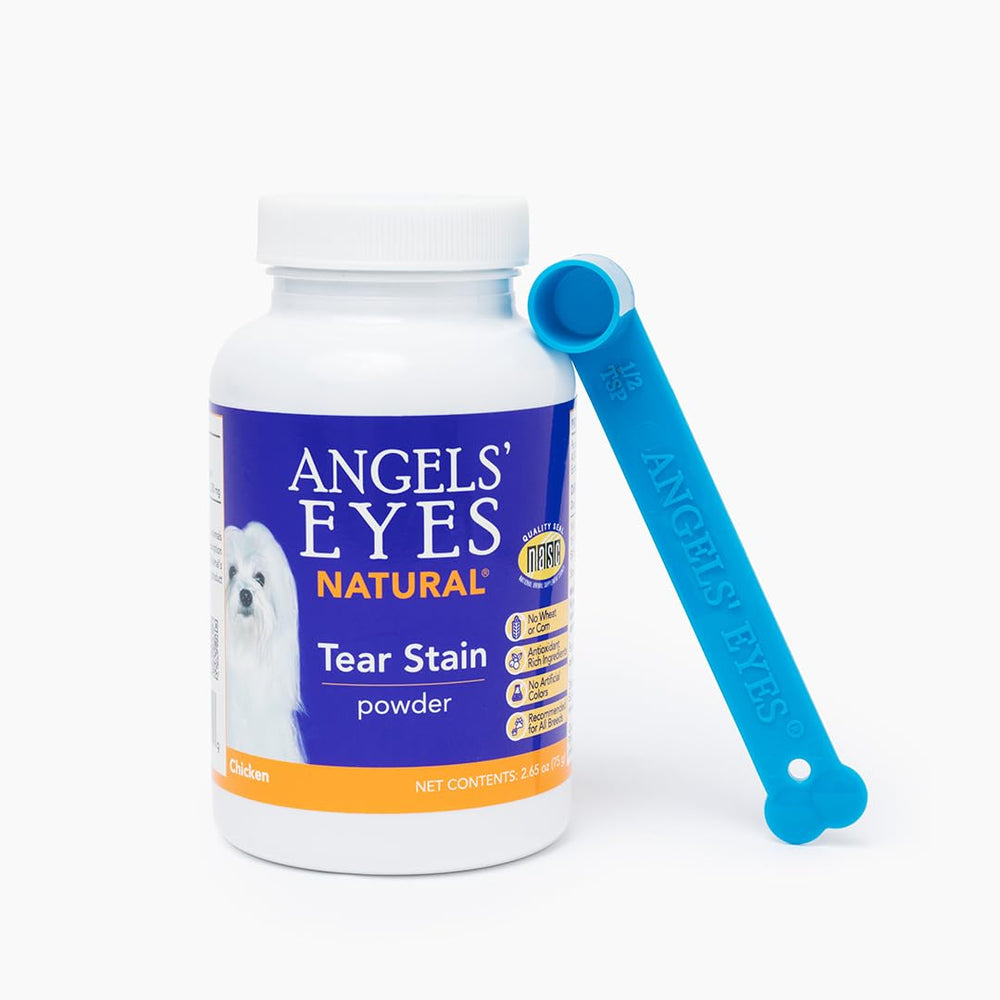 ANGELS' EYES natural tear stain powder for dogs packaging promotes easy daily use for clearer eyes