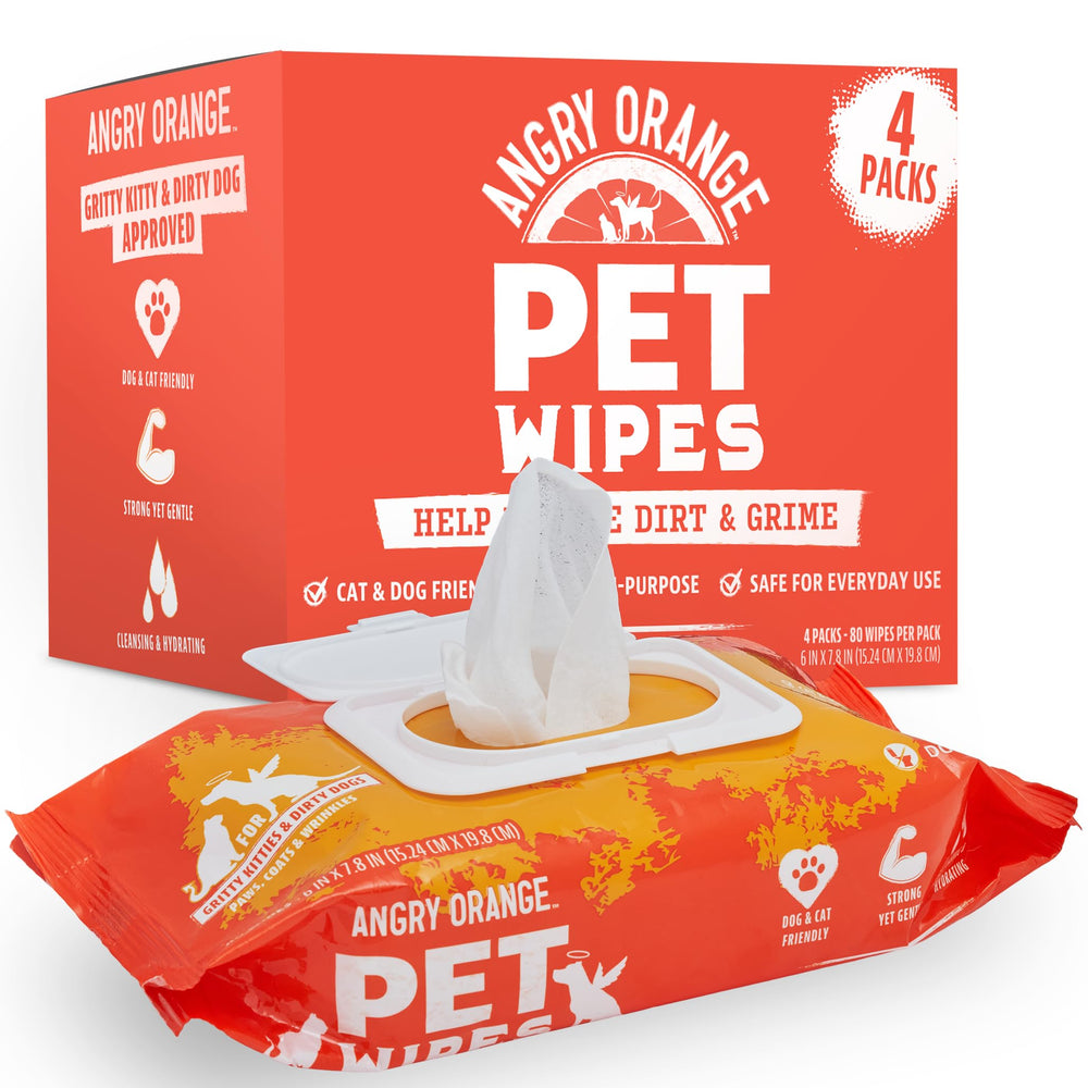 ANGRY ORANGE unscented pet wipes for paws provide quick cleaning with Aloe and Chamomile.