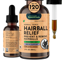 Animal Essentials Hairball Relief bottle pour demonstrating easy dosing for pets