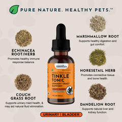 Close-up of Tinkle Tonic label highlighting herbal blend for urinary health