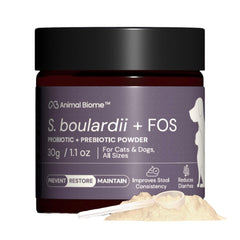 AnimalBiome S. boulardii + FOS powder tub close-up for dogs and cats supporting gut balance.