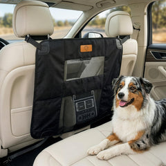AnimoGoods dog car barrier mounted between front seats for secure travel.
