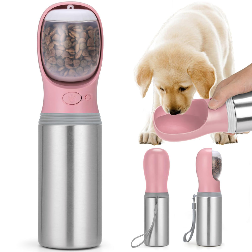 Anipaw portable water bottle with open button and built-in bowl for easy one-handed use.