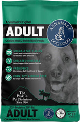 Annamaet Original Adult bag front view, highlighting premium chicken and brown rice formula for older dogs