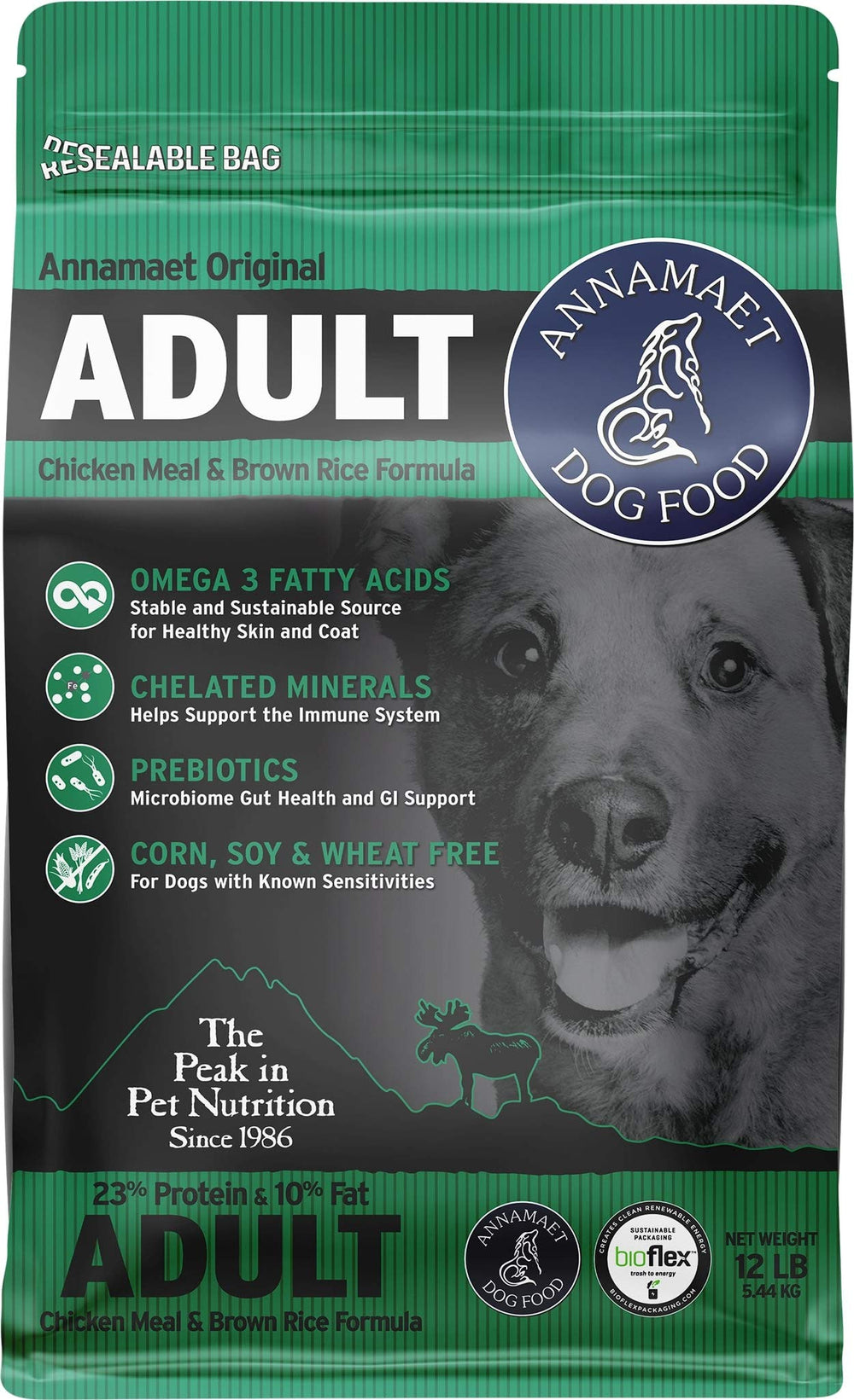 Annamaet Original Adult formula bag showing 12-lb packaging for home or kennel feeding