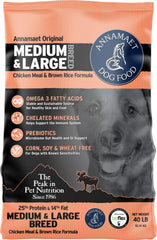 Annamaet Original Encore kibble close-up highlighting protein-rich formula for active dogs.