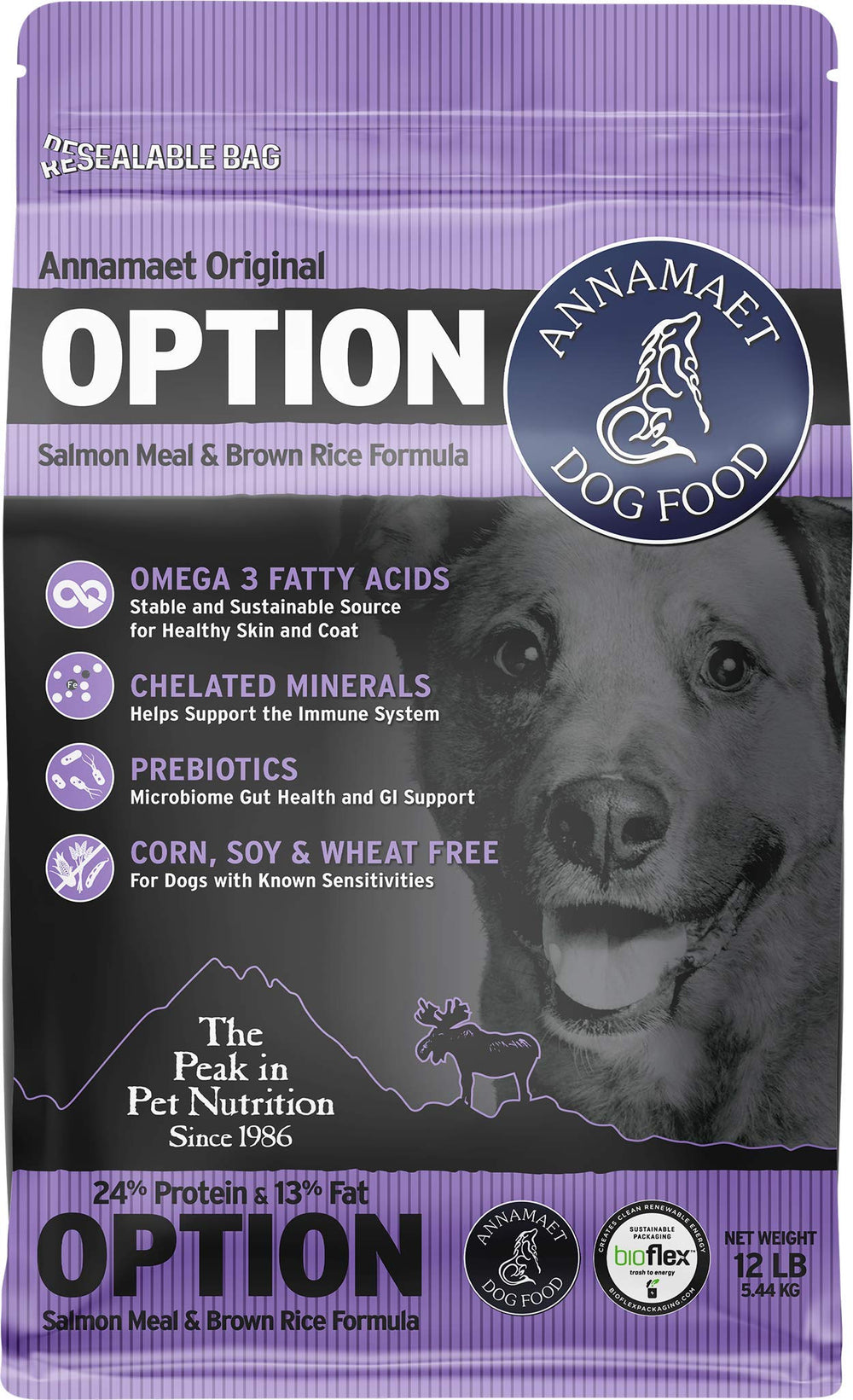 Annamaet Original Option salmon-brown-rice-bag promotes balanced canine nutrition.