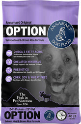 Annamaet Original Option salmon brown rice dry dog food bag—nutritious, allergen-friendly formula.