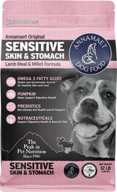 Annamaet Original Sensitive Skin and Stomach dry dog food bag supports dogs at all life stages.