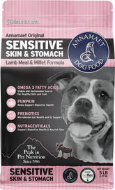 Annamaet Original Sensitive Skin & Stomach dry dog food bag showing grain-friendly formula for sensitive stomachs.