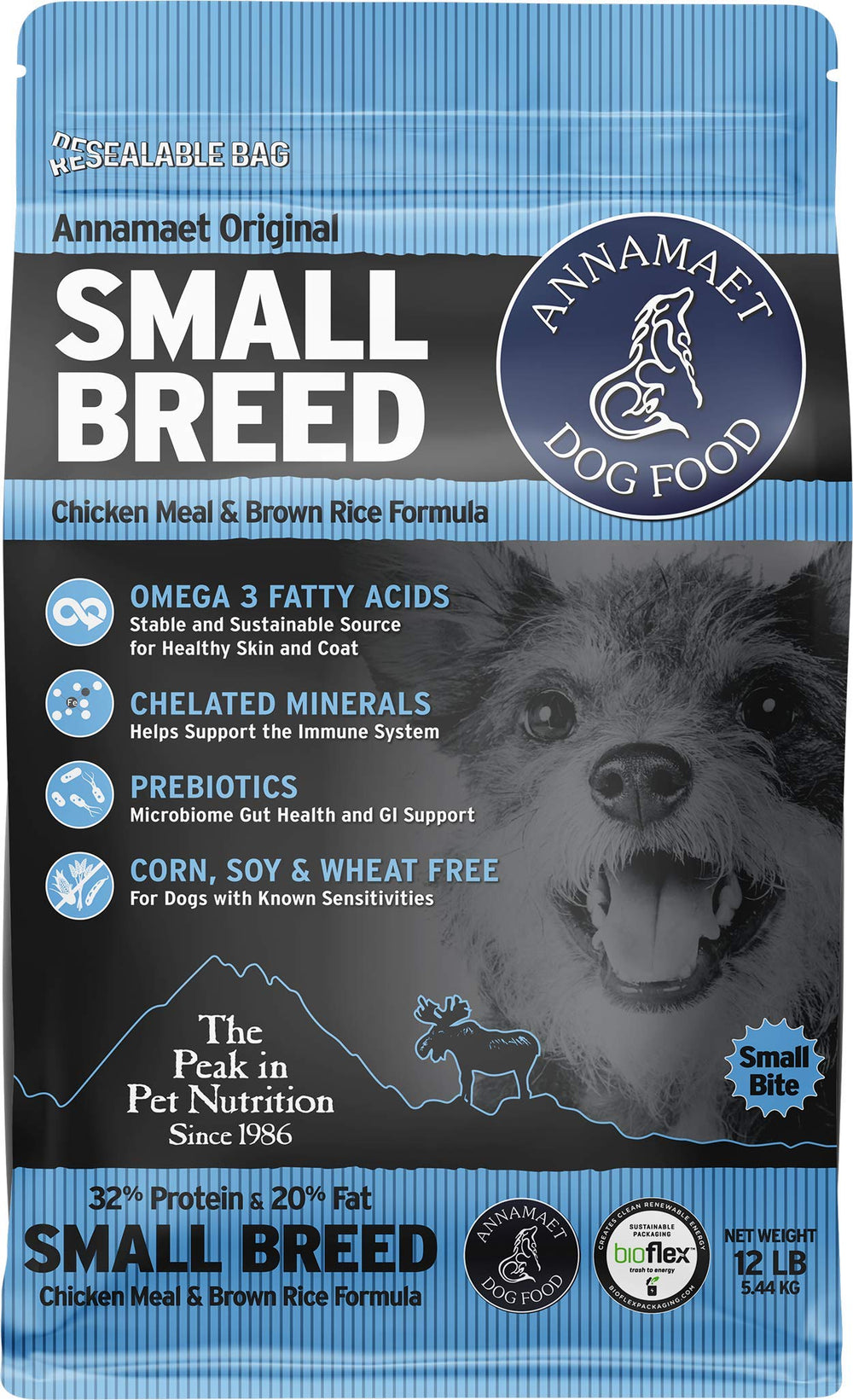 Annamaet Original Small Breed bag front highlighting premium nutrition for small dogs.