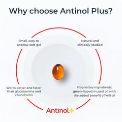 Antinol Plus green-lipped mussel krill oil blend bottle, omega-3 support for joints.