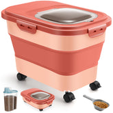 ANVS dog food storage container in pink, collapsible for space-saving storage.