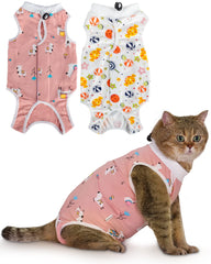 ANWA cat recovery suit neck elastic shows secure fit for post‑op protection.