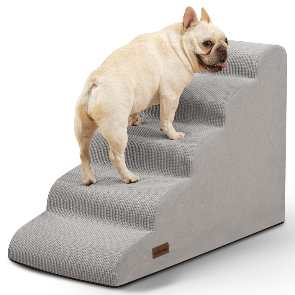 Aodisman 5 Step Dog Stairs at the bed edge to improve easy access for small pets.