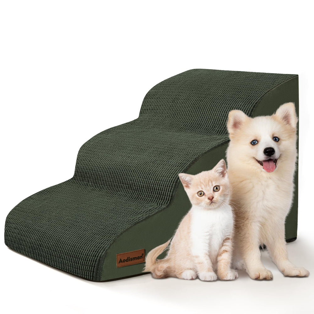 Aodisman dog ramp step closeup on green fabric for safer climb to sofa.