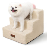 Aodisman dog stairs 3-step beige on couch, helping small dogs reach the sofa safely.