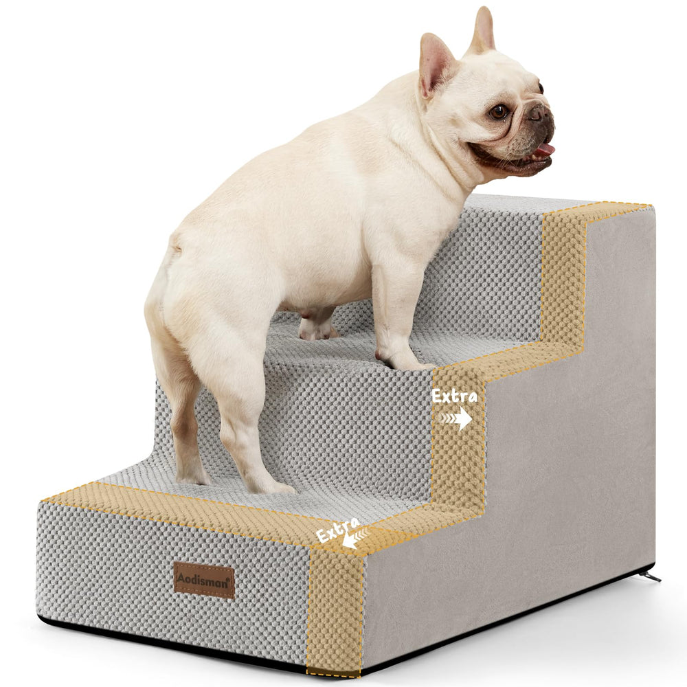 Aodisman dog stairs 3-step grey side view for easy couch access.