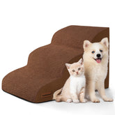 Aodisman three-step dog ramp beside a bed helps small dogs reach the sofa.