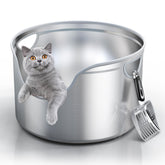 Aothey round-design stainless steel litter box with a spacious interior for comfortable cat movement.