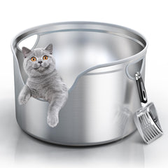 Aothey round-design stainless steel litter box with a spacious interior for comfortable cat movement.