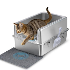 Aothey stainless steel litter box with metal lid, easy to clean and durable.